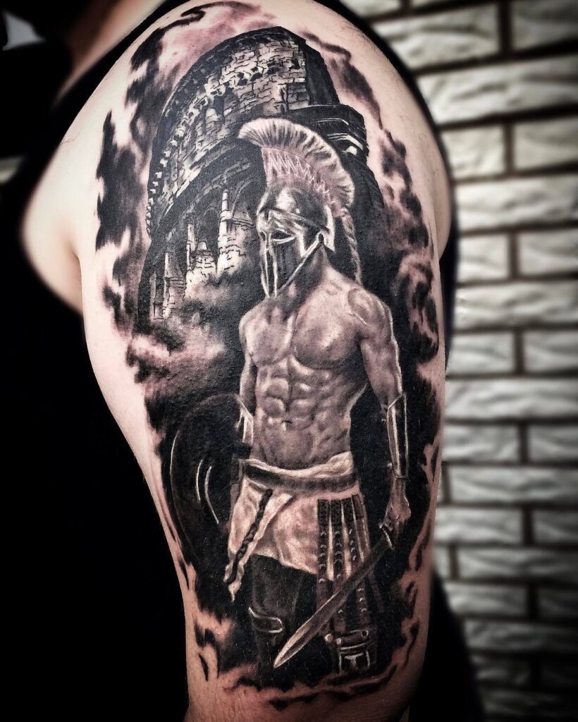 Tattoo of a gladiator on the shoulder for men