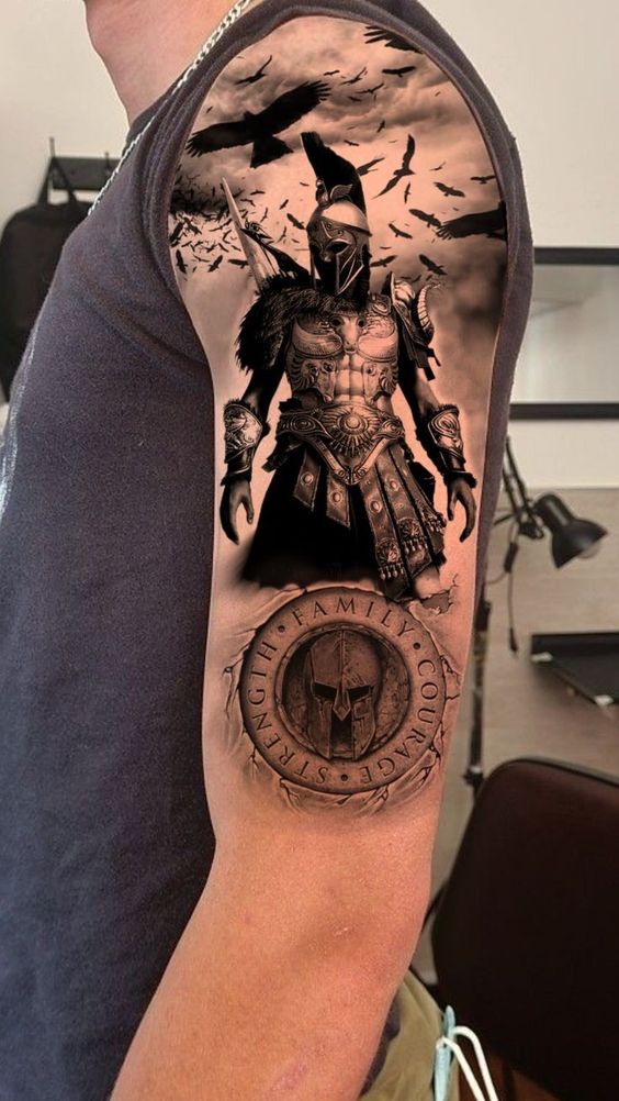 Tattoo of a gladiator on the shoulder for men