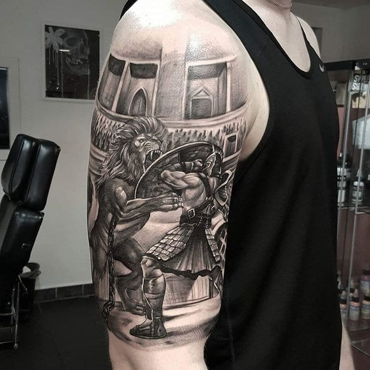 Tattoo of a gladiator on the shoulder for men