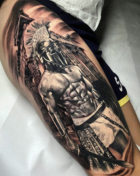 Gladiator tattoo on the hip for men