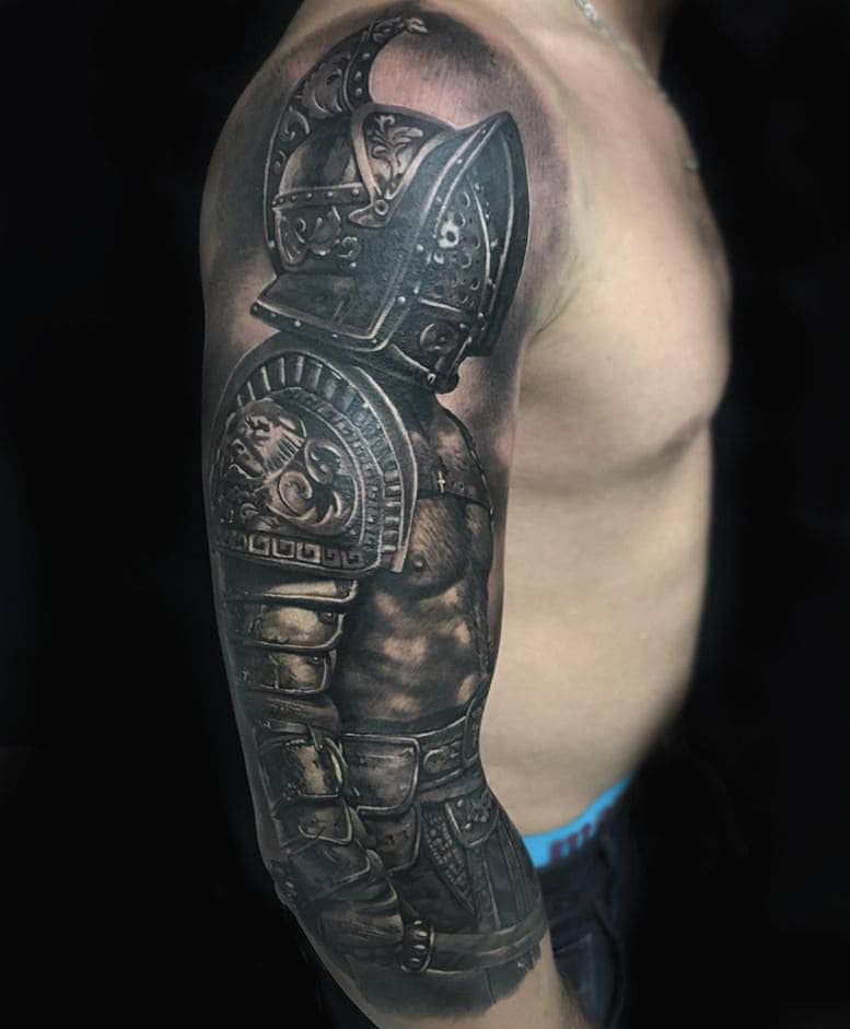 Tattoo of a gladiator on the arm for men