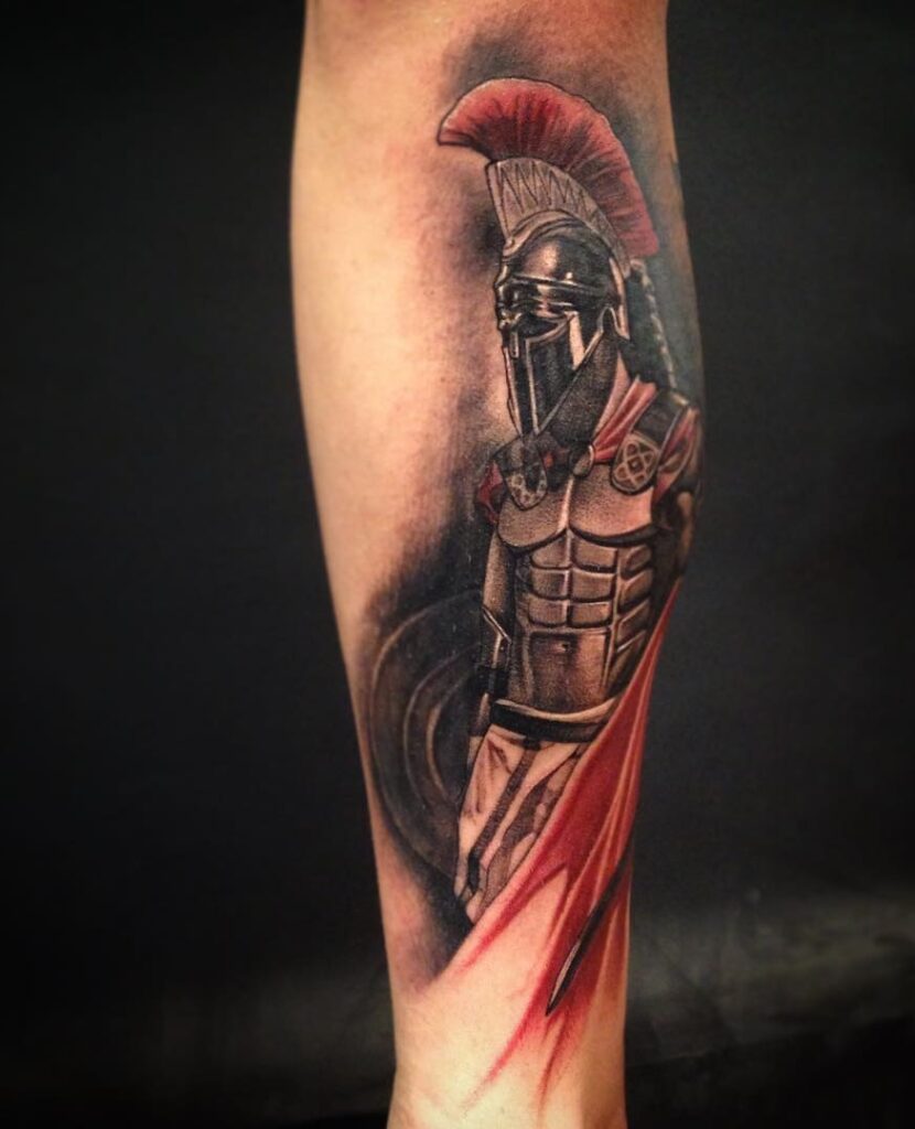 Tattoo of a gladiator on the leg for men