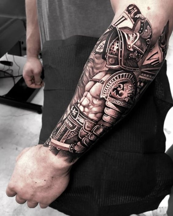 Tattoo of a gladiator on the forearm for men