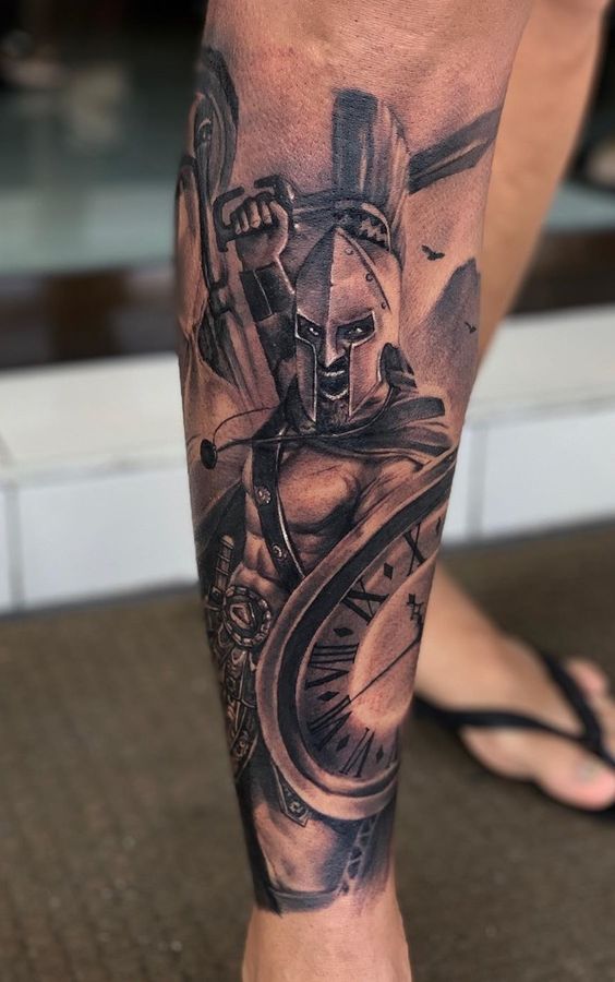 Gladiator tattoo on the shin for men