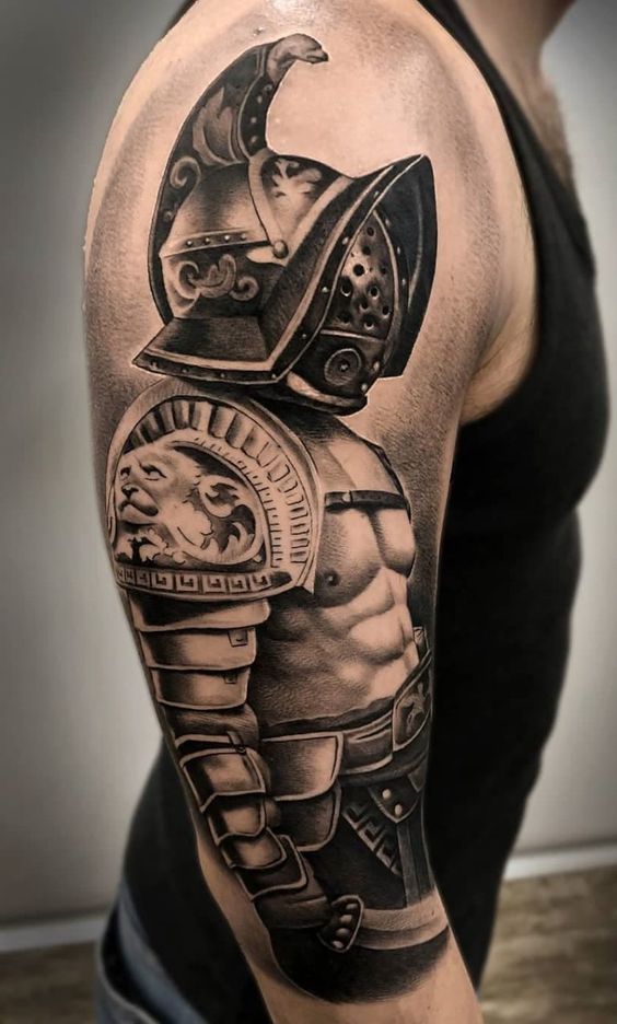 Tattoo of a gladiator on the shoulder for men