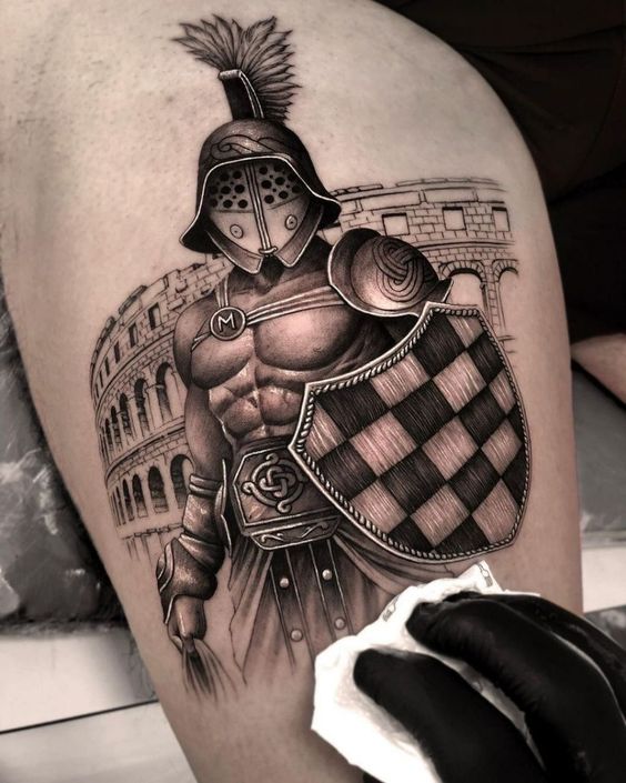 Gladiator tattoo on the hip for men