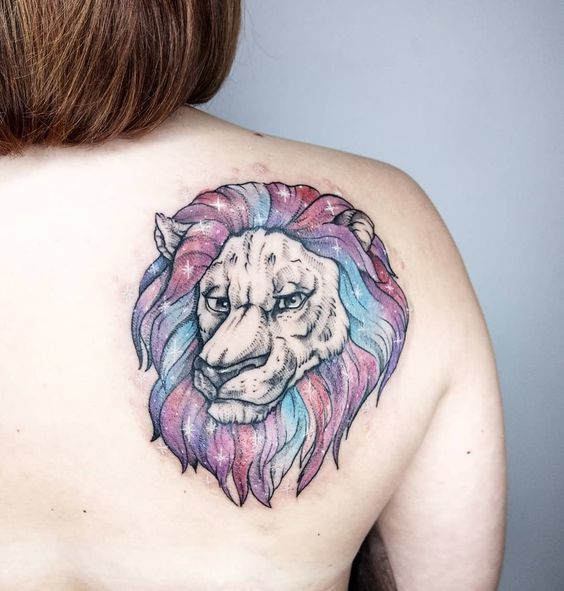 Tattoo of the zodiac sign lion on the shoulder blade for men