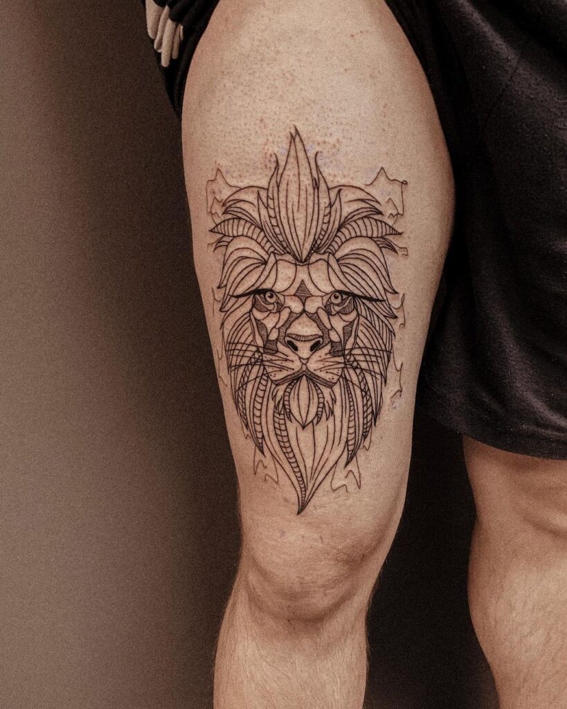 Tattoo of the zodiac sign lion on the hip for men