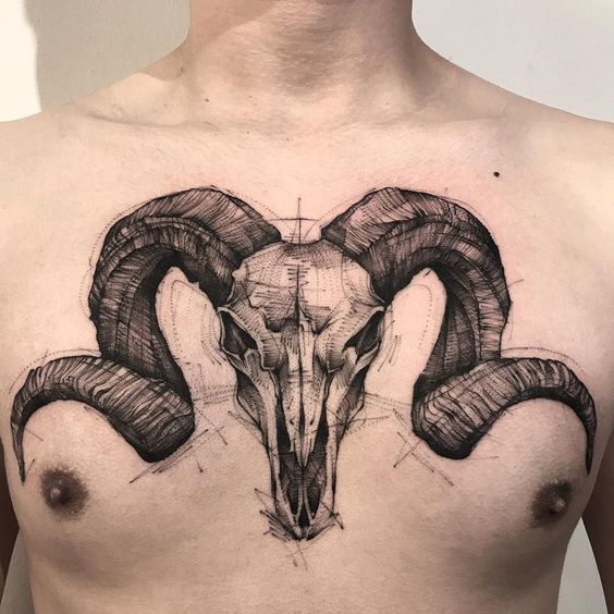 Tattoo of the zodiac sign of Aries on the chest for men