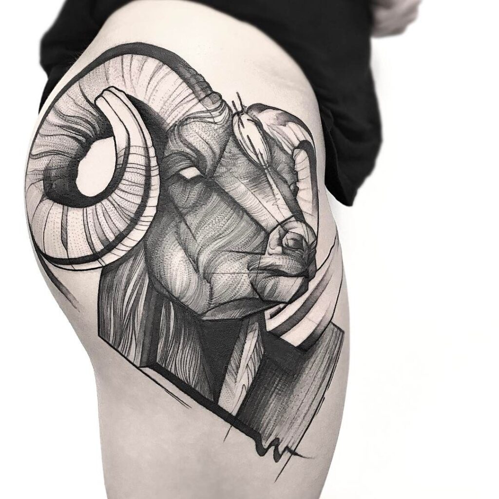 Tattoo of the zodiac sign of Aries on the hip for women