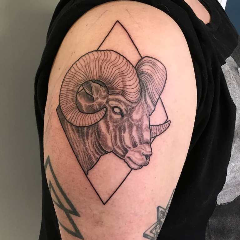 Tattoo of the zodiac sign of Aries on the shoulder for men