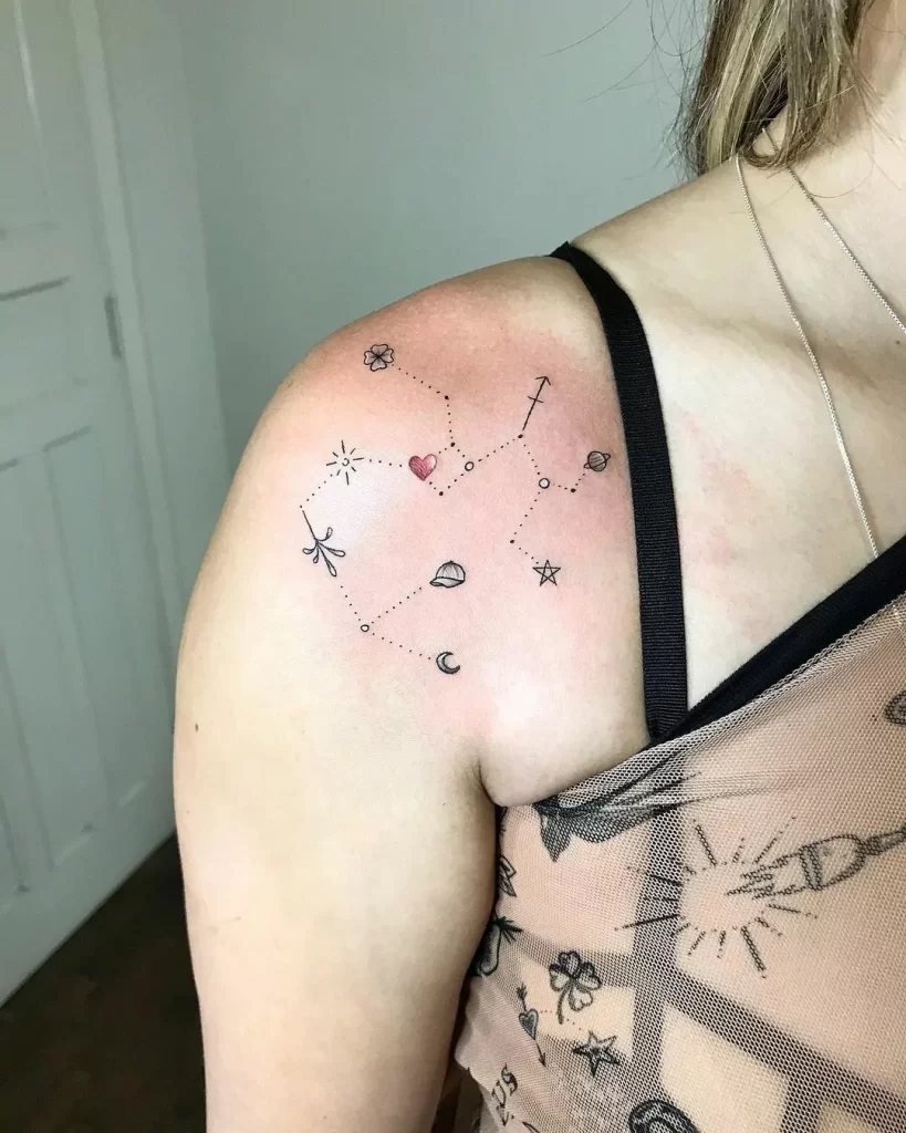 Tattoo the constellation sign of the zodiac Sagittarius on the shoulder for women