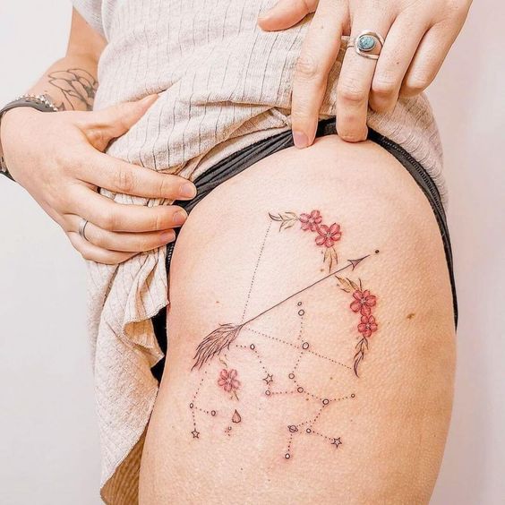 Tattoo the constellation sign of the zodiac Sagittarius on the thigh for women