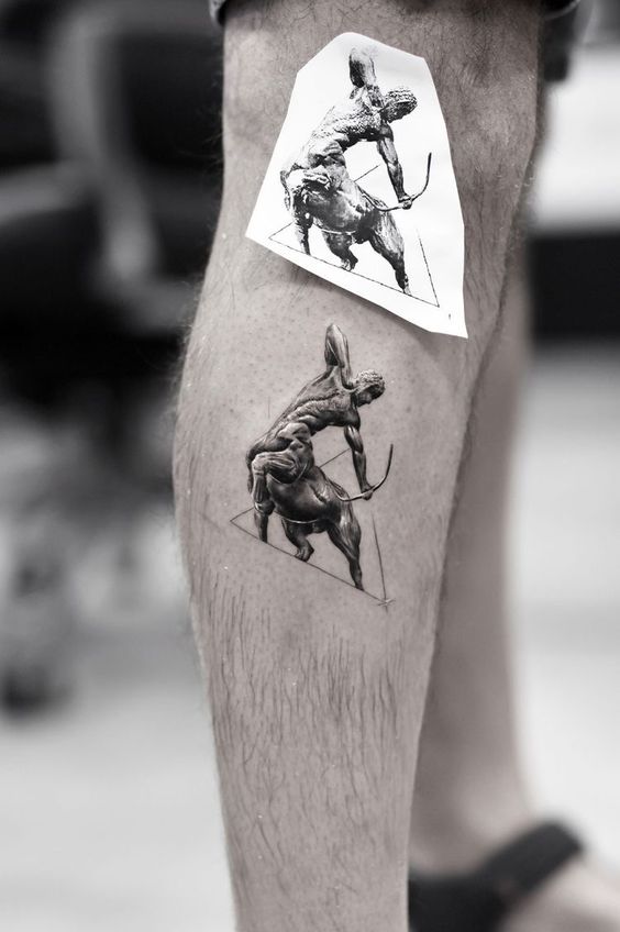 Sagittarius zodiac sign tattoo on the shin for men