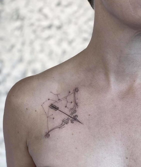 Sagittarius zodiac sign tattoo on the collarbone for men