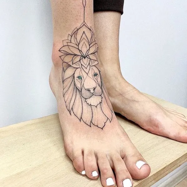 Zodiac sign lion tattoo on the ankle for women