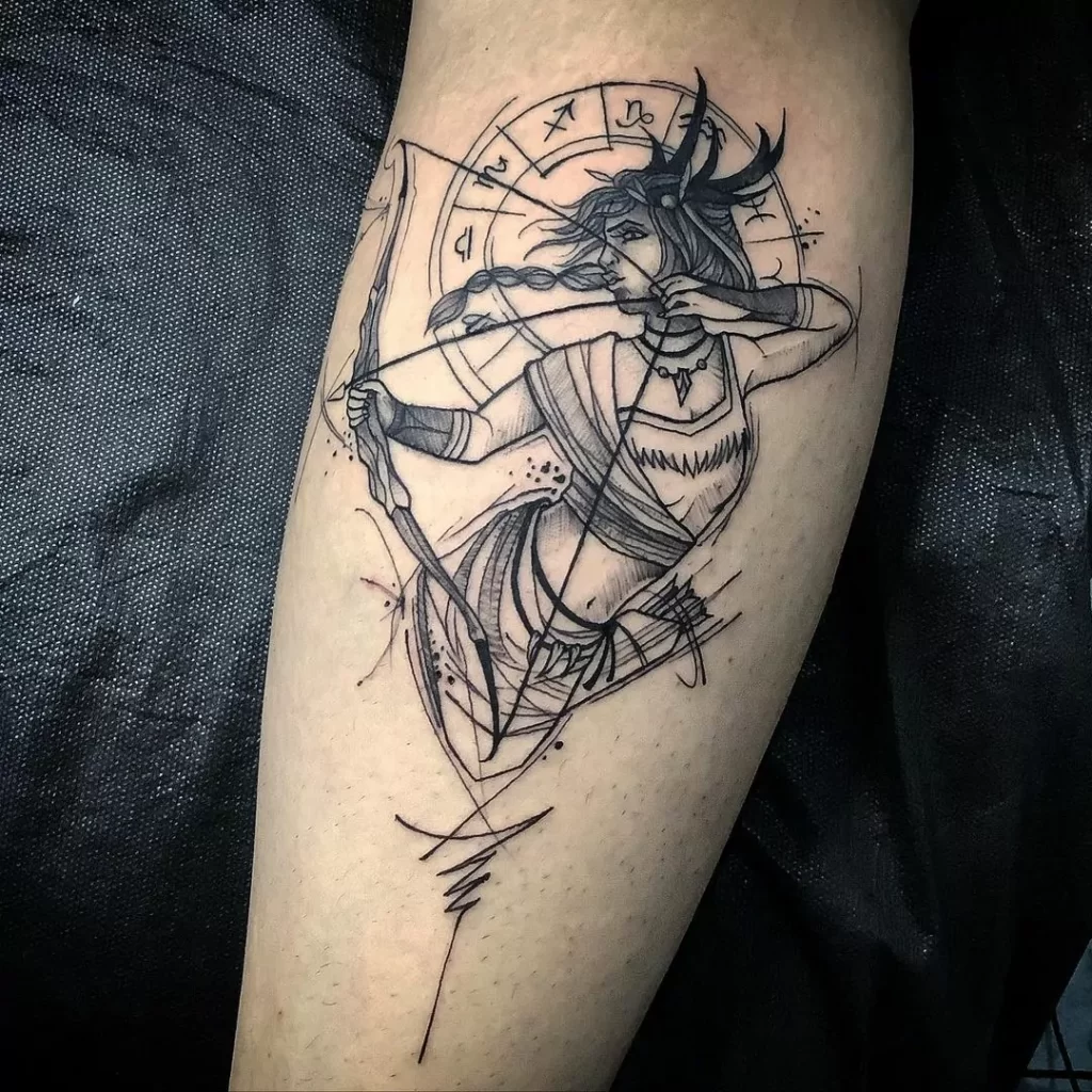 Tattoo sign of the zodiac Sagittarius on the shin