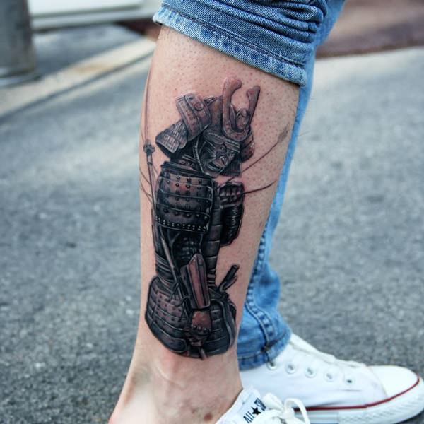 Samurai tattoo on the shin for men