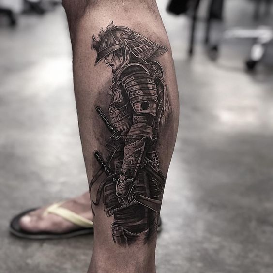 Samurai tattoo on the shin for men