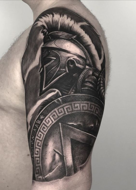 Spartan tattoo on the shoulder for men