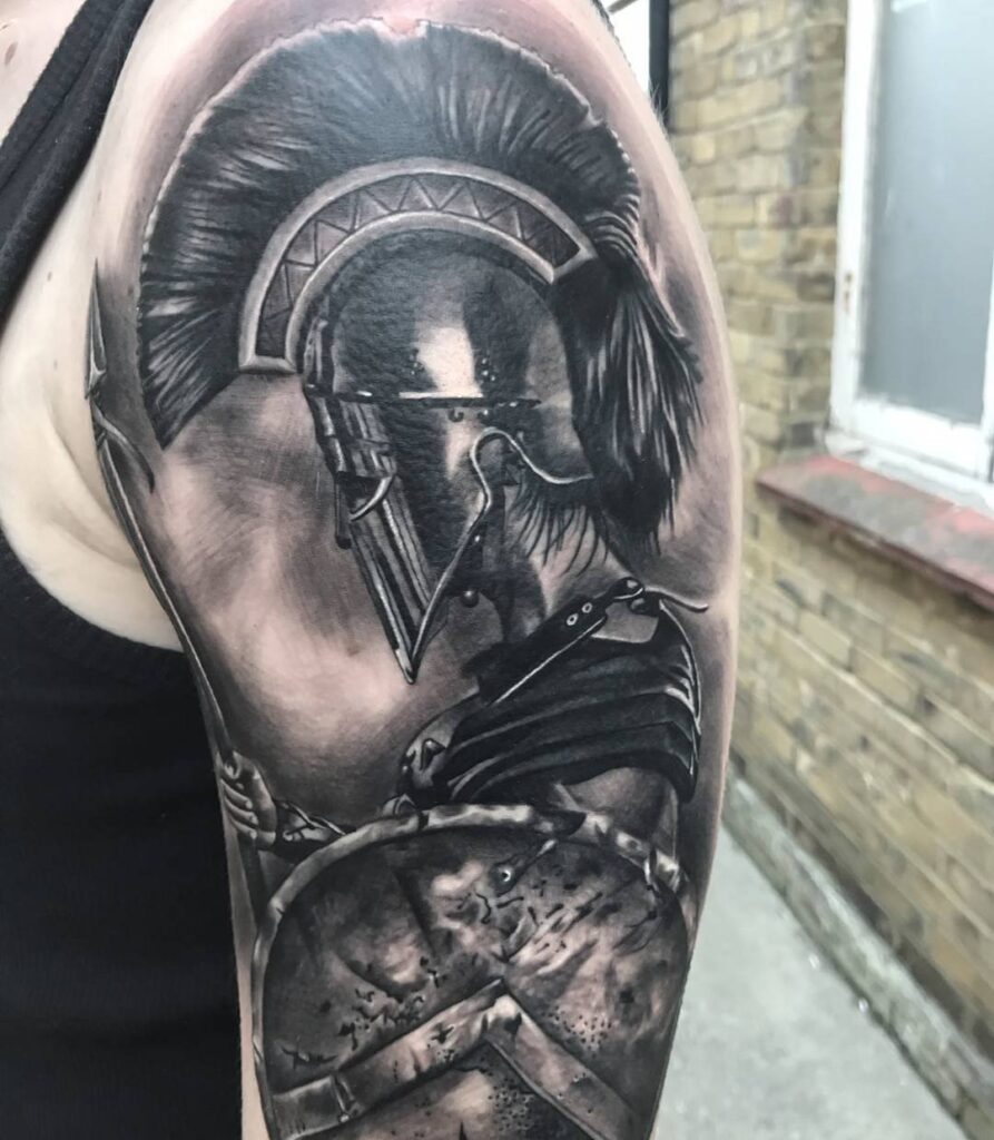 Spartan tattoo on the shoulder for men