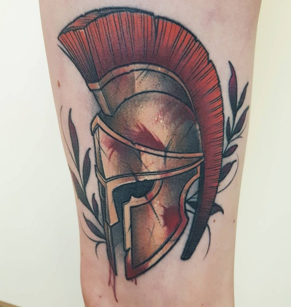 Spartan tattoo on the leg for men