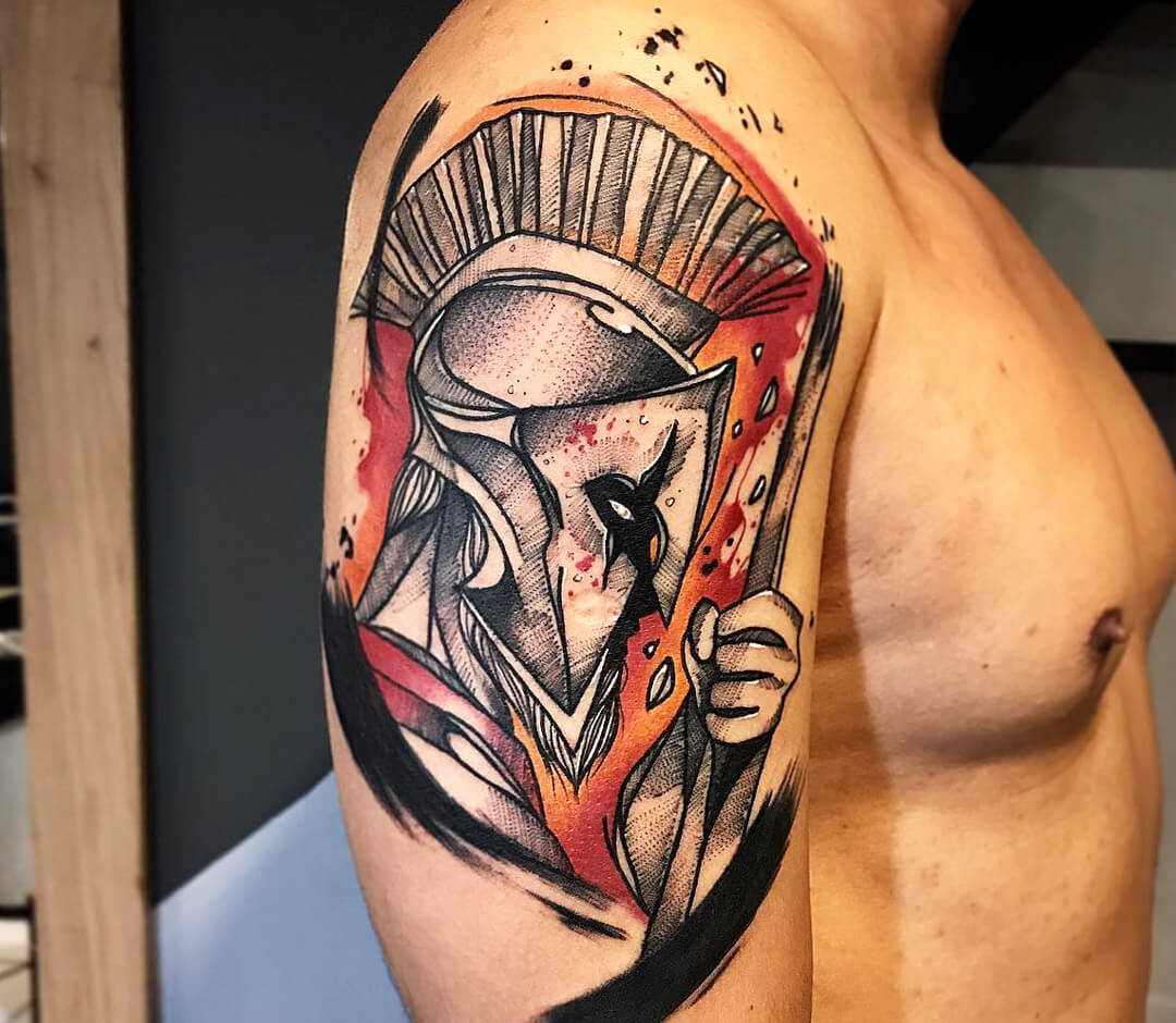 Spartan tattoo on the shoulder for men