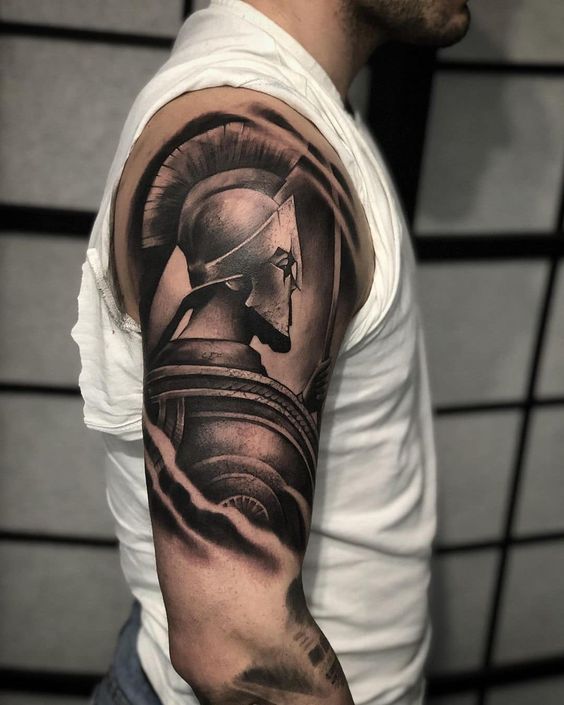 Spartan tattoo on the shoulder for men