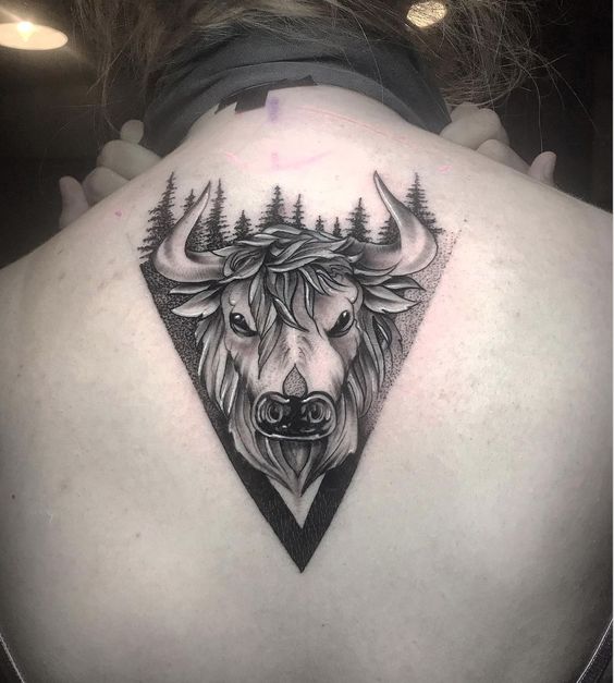 Bull tattoo on the back for men