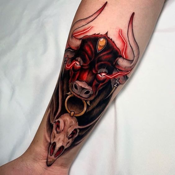 Bull tattoo on forearm for men