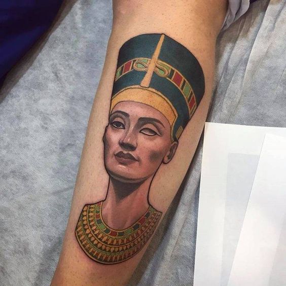 Tattoo of Nefertiti on the shin for men