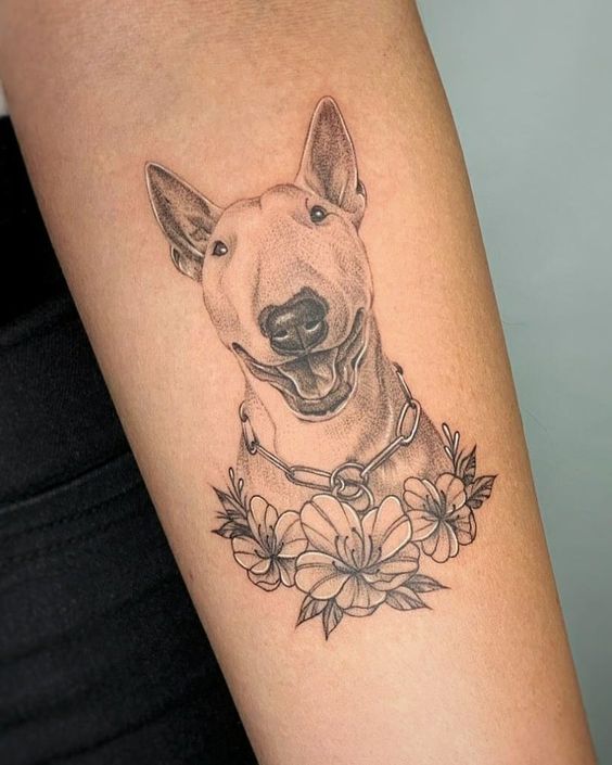 Bull Terrier tattoo on forearm for women