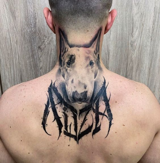 Bull Terrier tattoo on the back of the head for men