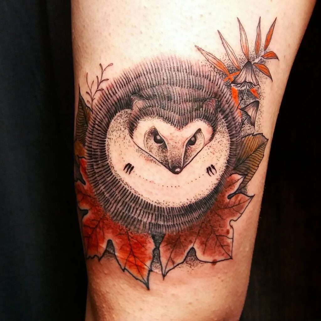 Tattoo of a hedgehog on the shoulder for women