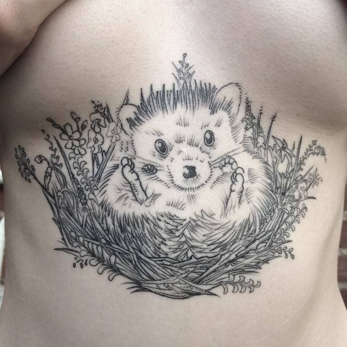 Tattoo of a hedgehog on the stomach for women