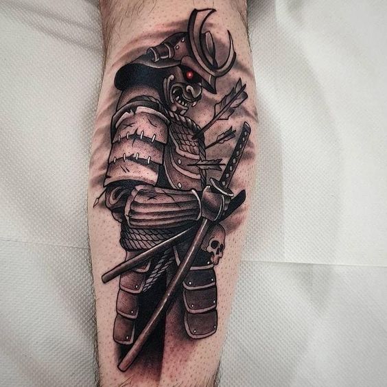 Samurai tattoo on the calf for men