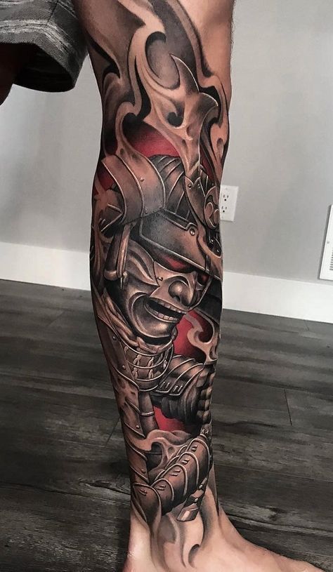 Samurai tattoo on the leg for men