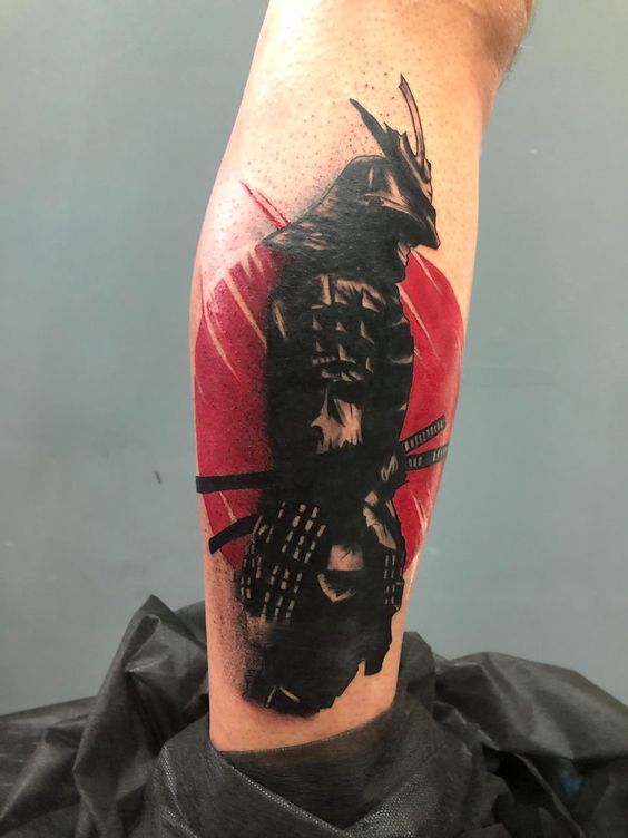 Samurai tattoo on the shin for men