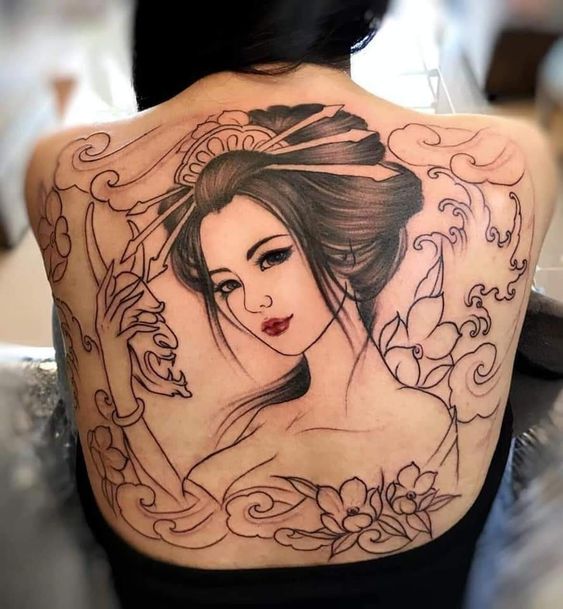 Geisha tattoo on the back for women