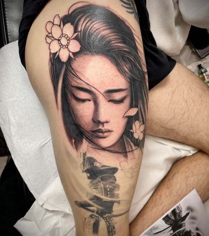 Geisha tattoo on the hip for men