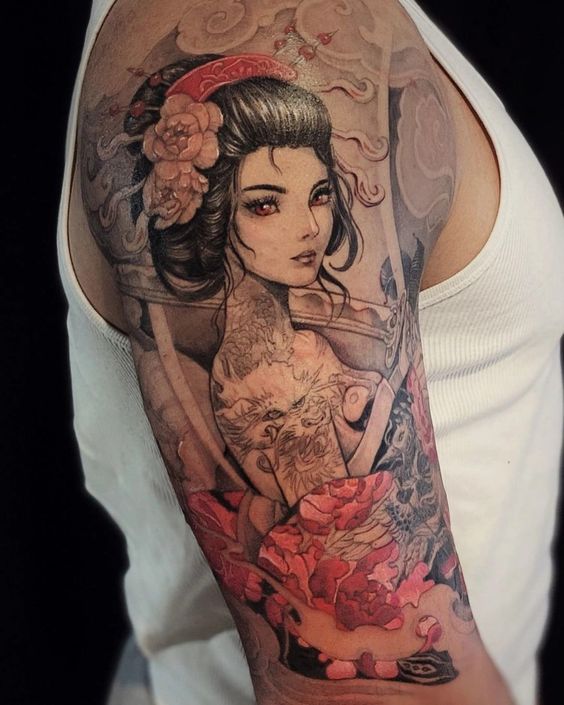 Geisha tattoo on the shoulder for women