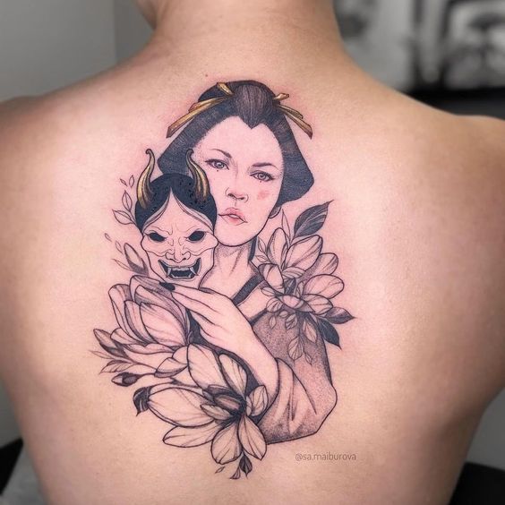 Geisha tattoo on the back for men