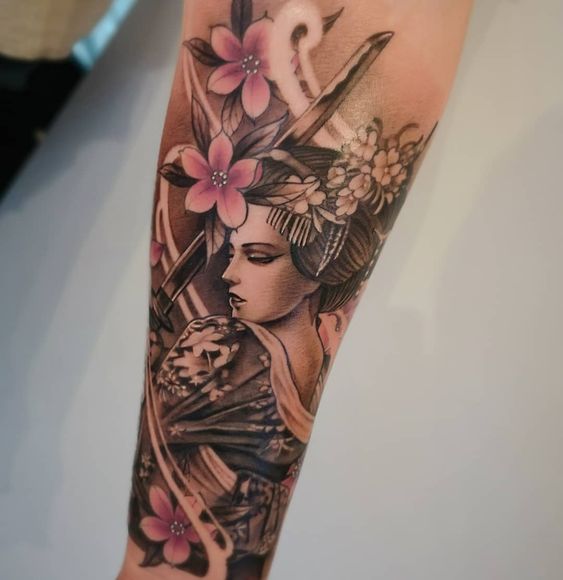 Geisha tattoo on the forearm for women