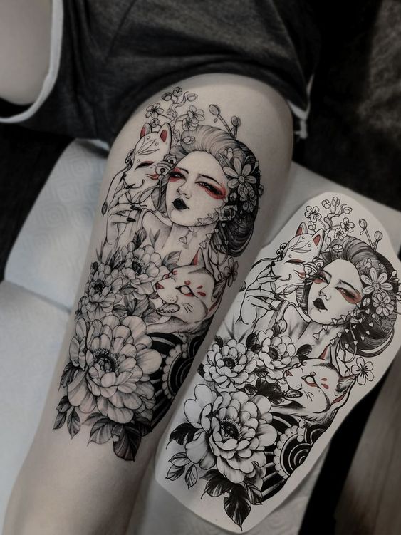 Geisha tattoo on the hip for women