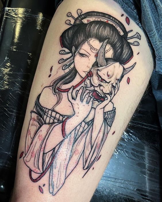 Geisha tattoo on the hip for women