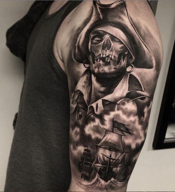 Tattoo of a pirate on the shoulder for men