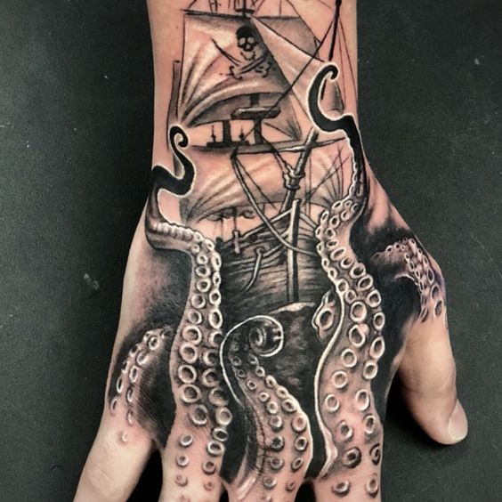 Tattoo of a pirate on the hand for men