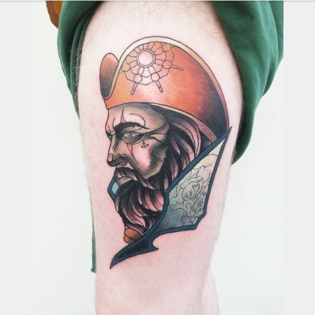 Tattoo of a pirate on the hip for men