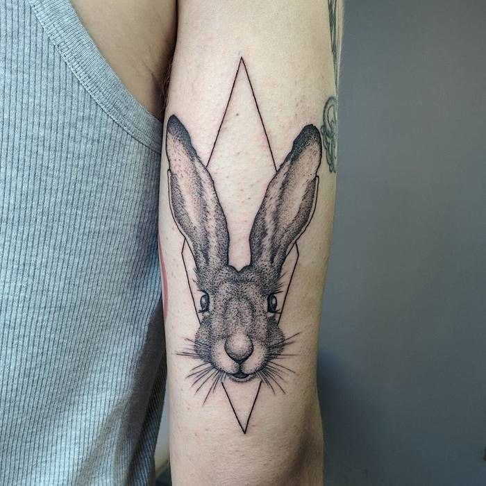 Tattoo of a hare (rabbit) on the shoulder for men