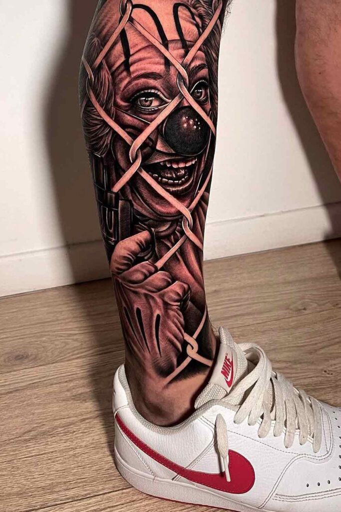 Tattoo of a clown on the leg for men